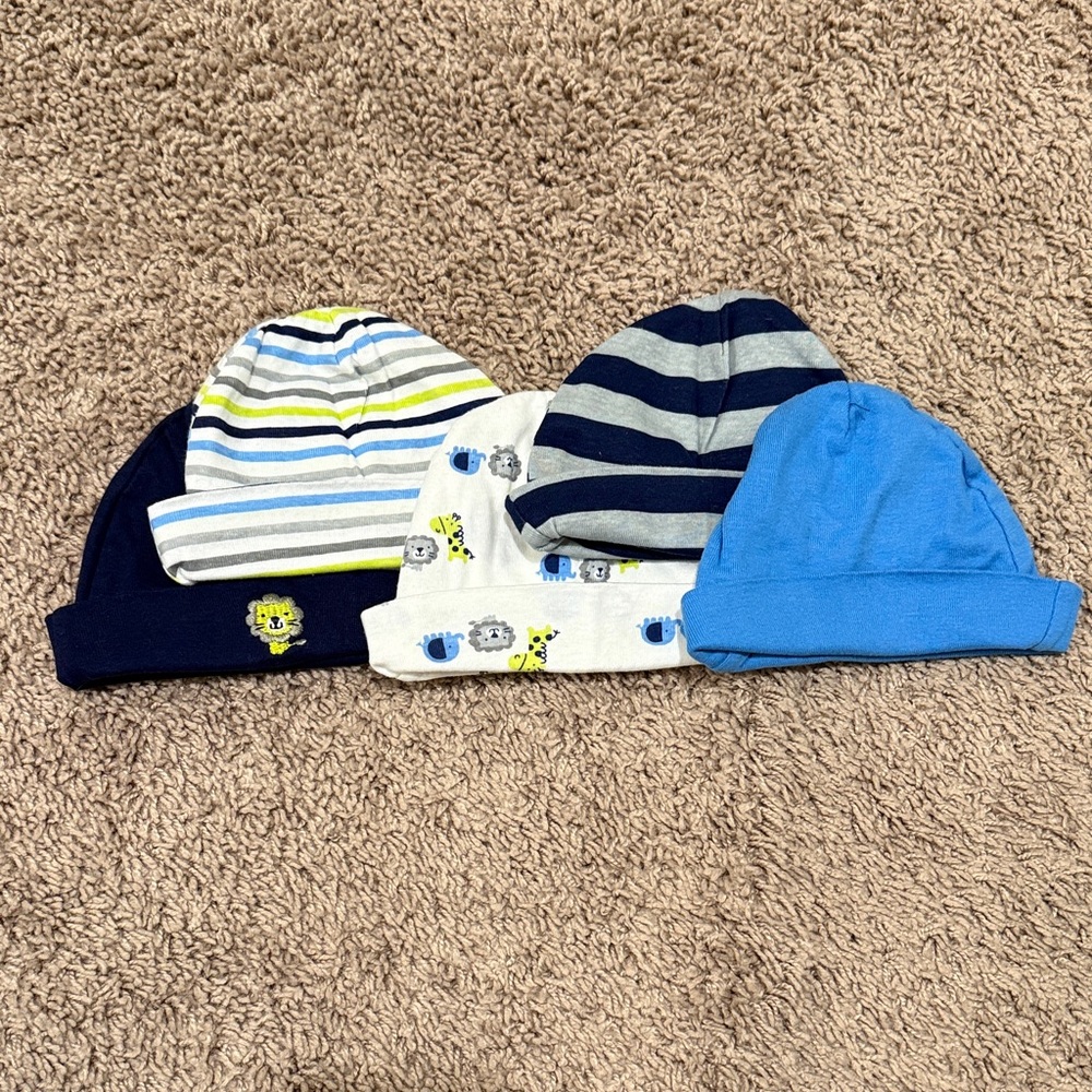 Gerber Newborn/Infant Striped and Patterned Hats - Blue, White, Navy